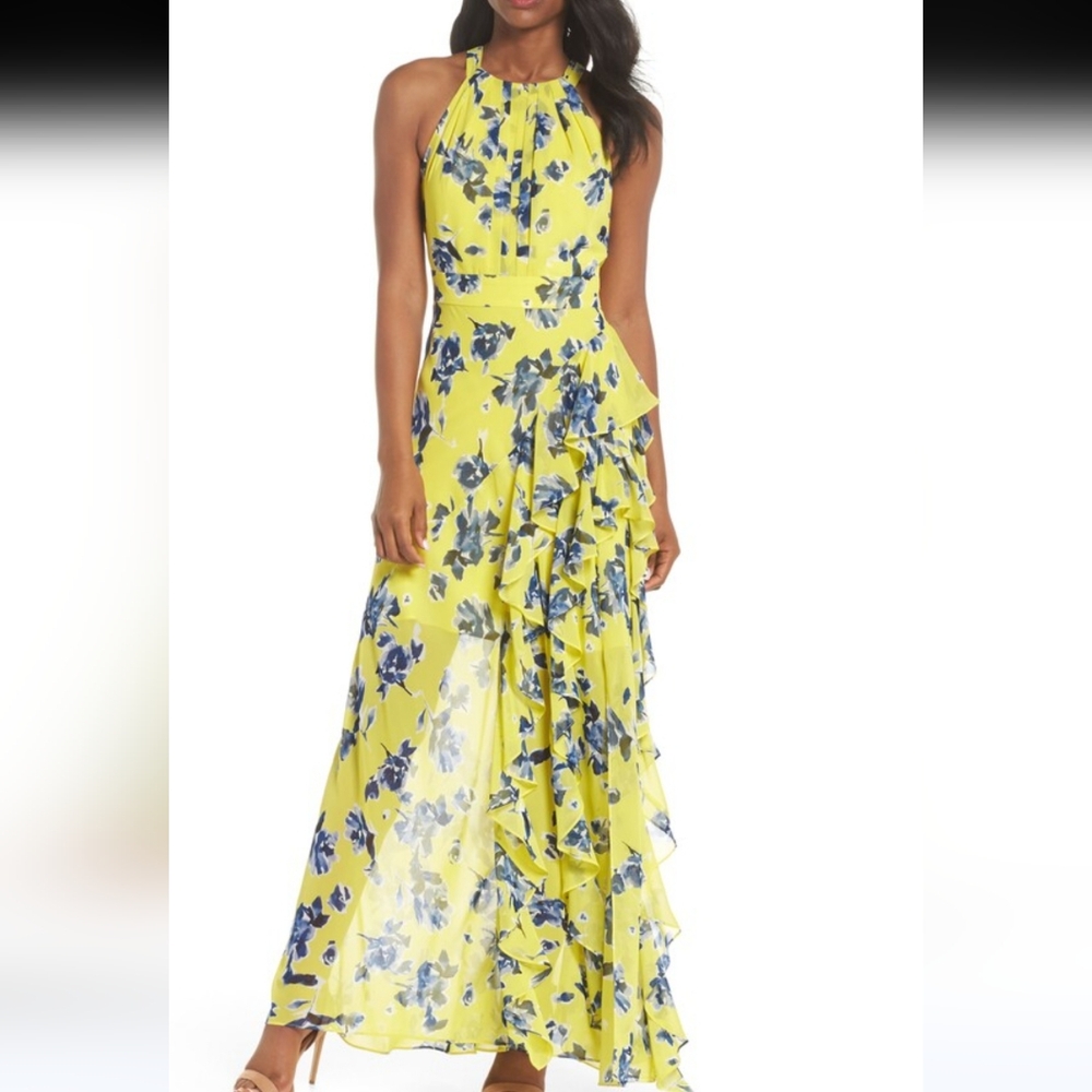 New Eliza J Halter Floral Print Chiffon Gown, Sz 6 - Picture 1 of 12